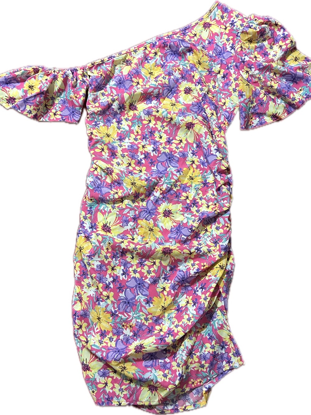 Floral One-Shoulder Ruffle Dress in Pink, Yellow & Purple